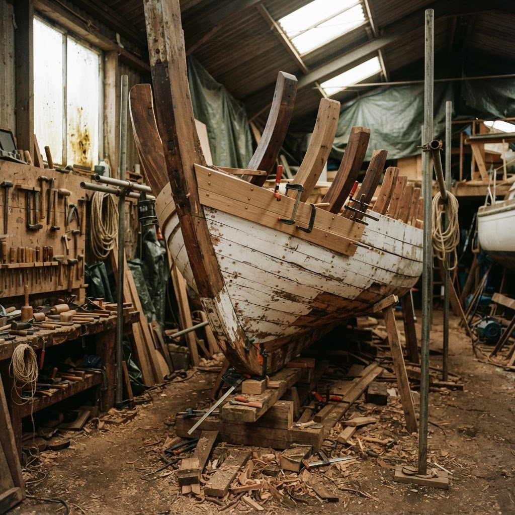 A wooden boat hull under restoration in a traditional boatyard
